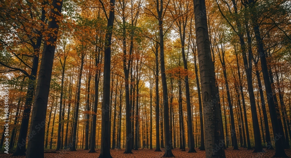 Fototapeta premium Dense autumn forest with tall trees and vibrant foliage in tranquil woodland setting