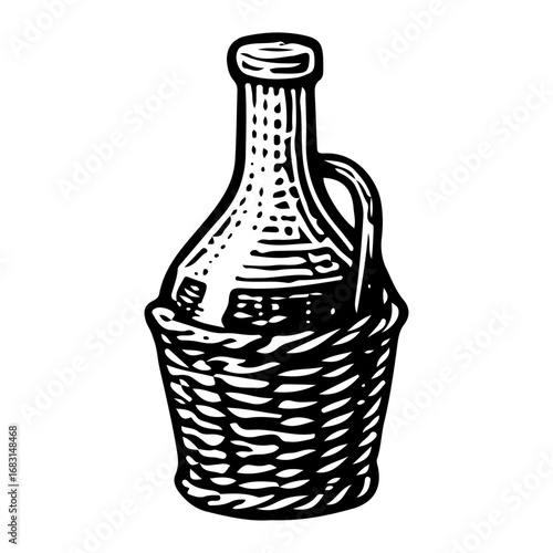 Elegant Wine Bottle with Basket: Vintage Winery Decor