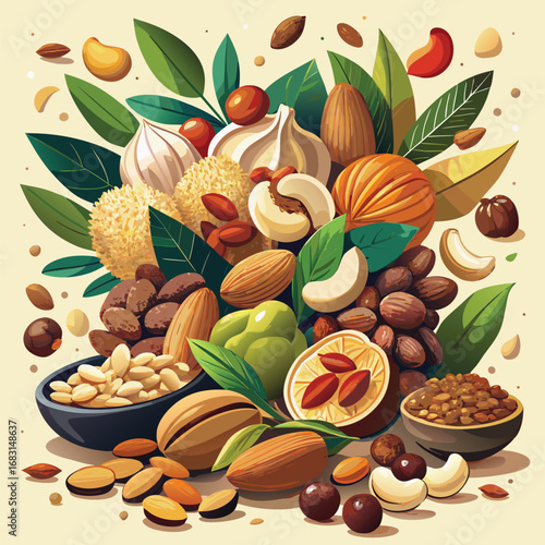 A vibrant assortment of healthy nuts and dried fruits arranged artfully with fresh green leaves