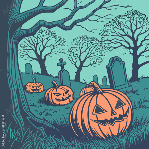 Spooky Halloween scene with carved pumpkins in a graveyard under a barren tree, evoking a sense of eerie autumn celebration