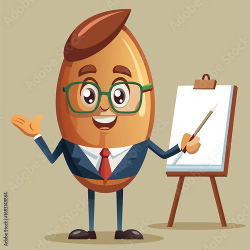 Happy almond character in a suit presenting on a whiteboard