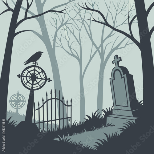 Spooky Cemetery Scene with Raven on Tombstone A Graveyard Vector