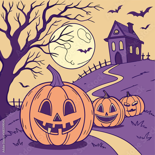 Spooky Halloween night with grinning pumpkins, bats, and a haunted house under a full moon