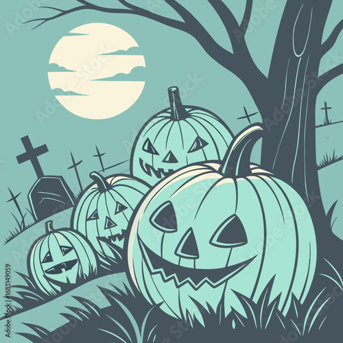 Retro style illustration of spooky carved pumpkins in a creepy cemetery with tombstones under a moonlit sky
