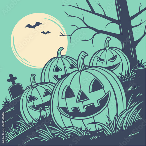 Spooky Halloween illustration with carved pumpkins, a full moon, and bats flying in a graveyard setting, perfect for holiday designs