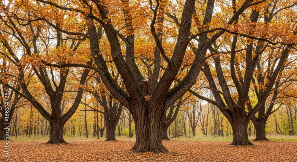 Naklejka premium Majestic autumn trees in a serene forest filled with vibrant orange leaves