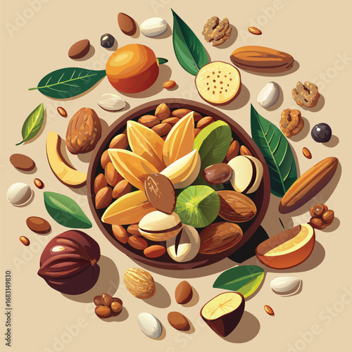 Healthy assortment of nuts and fruits arranged in a circular pattern