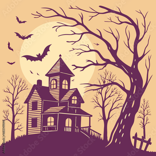 Spooky Vintage Haunted House Illustration with Full Moon and Bats for a Classic Halloween Celebration Background