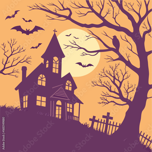 Spooky haunted house silhouette against a full moon on Halloween night with bats flying in the sky