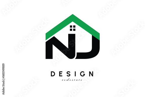 NJ Letter Logo – Green Roof House Monogram for Real Estate & Home Branding