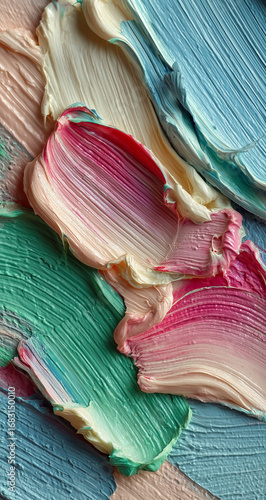 Colorful painting of a brushstroke with a variety of colors, including green, yellow, and pink. The brushstroke appears to be a mix of different shades, creating a vibrant and dynamic effect