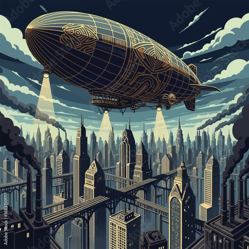 A majestic steampunk airship with intricate gold details soars over a dense, industrial Art Deco cityscape at night.