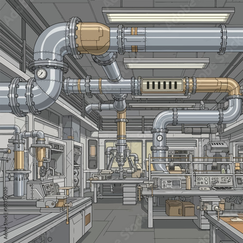 Intricate network of industrial pipes and machinery in a laboratory setting, showcasing complex engineering and scientific equipment.