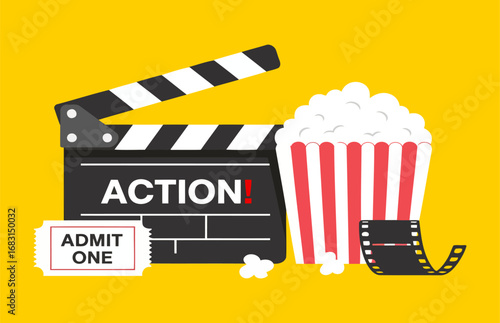 Creative Cinema Artwork with Popcorn Film Ticket and Clapperboard for Branding
