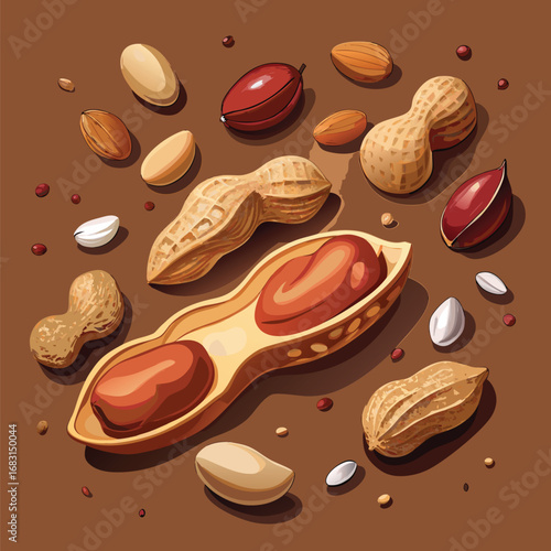 Scattered raw peanuts in shells and shelled kernels on a brown background
