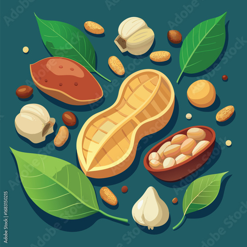 Assortment of fresh nuts and leaves on a dark teal background