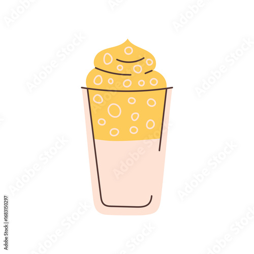 Dalgona Coffee Icon. Hand drawn Popular Sweet Korean beverage. Drink in glass with playful bubble texture. Vector illustration 