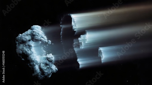 Fototapeta Naklejka Na Ścianę i Meble -  Colossal comet splitting into glowing blue trails in deep space – Suitable for astronomy content, cosmic wonder visuals, or science themes