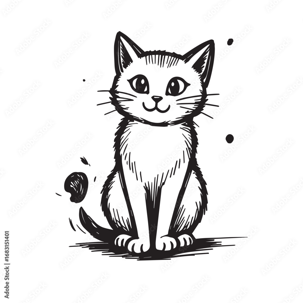 Obraz premium Cat Doodle Black and White Illustration Vector Image Cute Kitten Sketch Line Art Drawing Silhouette