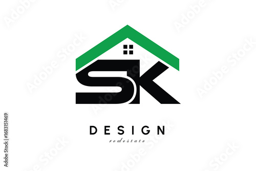 SK Letter Logo – Green Roof House Monogram for Real Estate & Home Branding