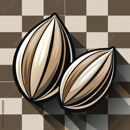 Two large sunflower seeds with striped shells on a checkered background