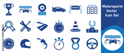 Motorsports vector icon set, motorsports, racing, speed, helmet, tire, pit stop, flag, checkered flag, steering wheel, engine, exhaust, fuel, speedometer, tachometer, gearbox and more