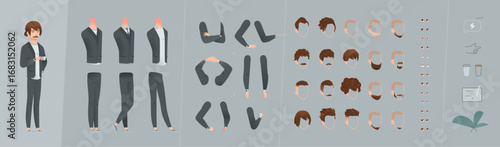 Stylish cartoon man with long brown hair tied in a braid, wearing a gray business suit and light sweater. Full body character in 5 dynamic poses, modern and approachable look.