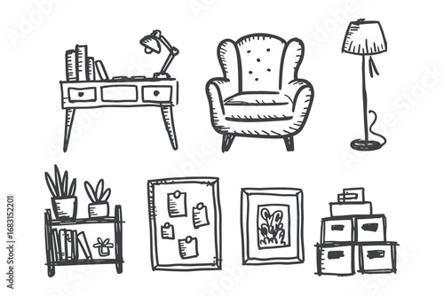 A Whimsical Illustration of Home Furniture Featuring a Chair, Desk, Lamp, and Storage Solutions for a Cozy Living Space