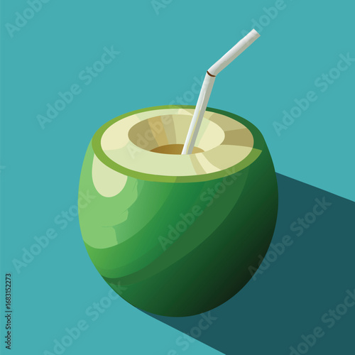 Fresh green coconut drink with straw and shadow on blue background