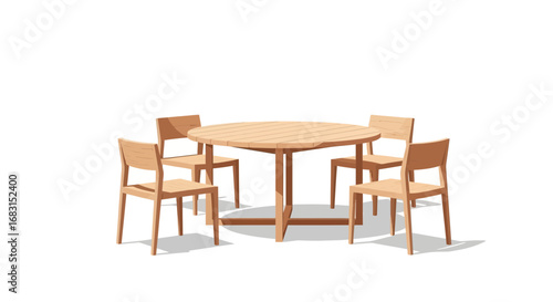Vector illustration of wooden patio table and chairs on white background