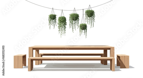 A charming outdoor dining arrangement with hanging plants and wooden furniture