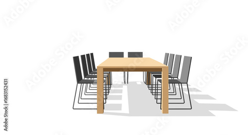 A minimalist arrangement featuring dining table surrounded by modern chairs