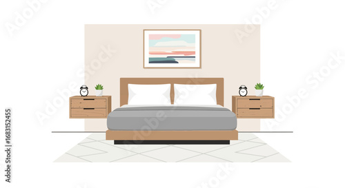 A minimalist bedroom interior featuring a bed and bedside tables design