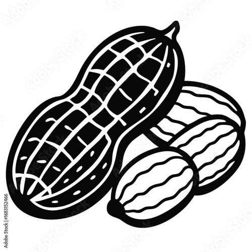 Black and white illustration of peanuts in their shells