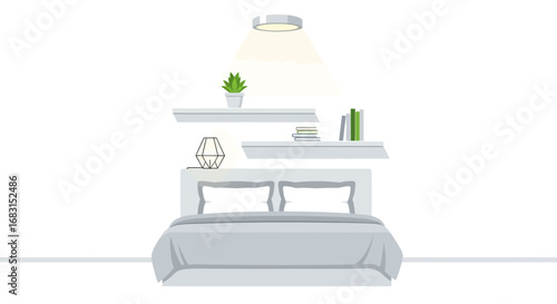 A minimalistic bedroom interior with floating shelves and soft lighting