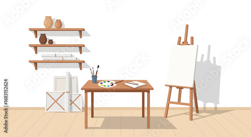 Bright artistic workspace studio arrangement with painting materials, minimal vector