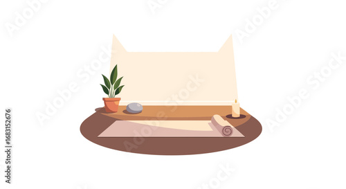 Calm and serene yoga space illustration with plant, candle and mat