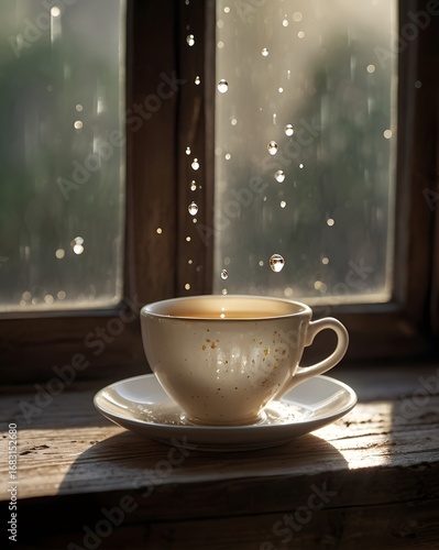 Steaming coffee cup on rustic wooden windowsill catches morning light with falling water droplets