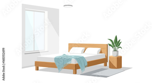 Calm minimalist bedroom interior with wooden elements and natural light