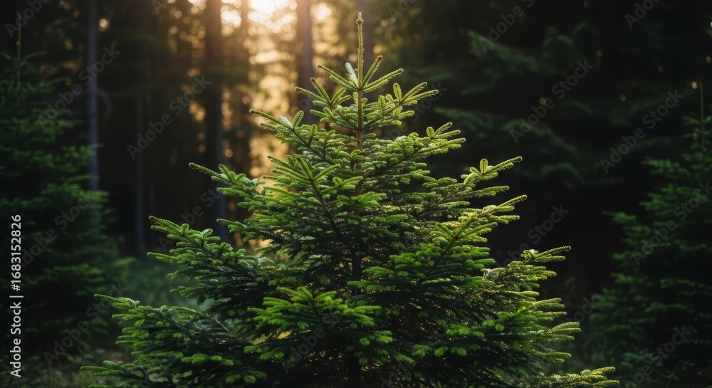 Fototapeta premium Sunlit evergreen tree in forest with lush greenery and soft sunlight
