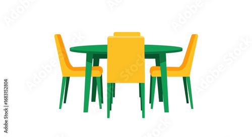 Colorful dining table and chairs arrangement isolated on a white background