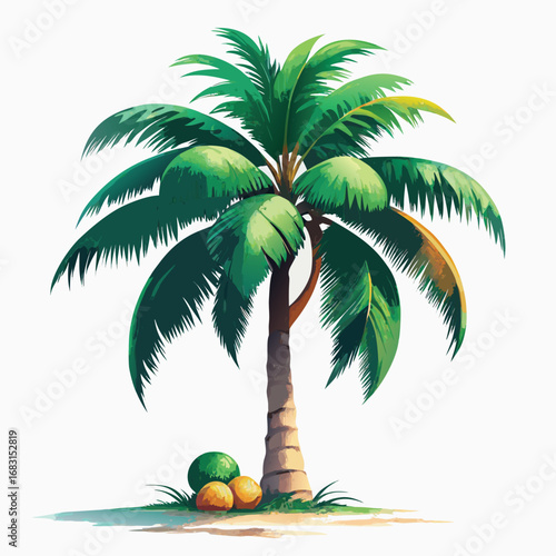 Vibrant green palm tree with coconuts on a tropical island beach