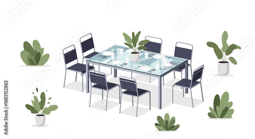 Contemporary dining arrangement with plants accentuating minimal aesthetic