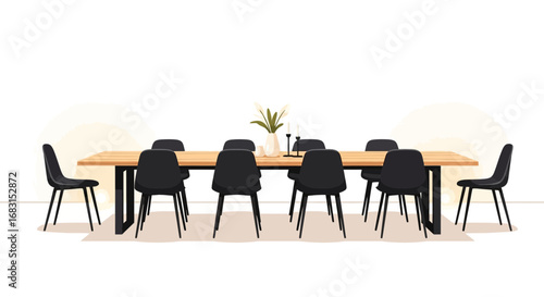 Contemporary dining room setup featuring wooden table and black chairs