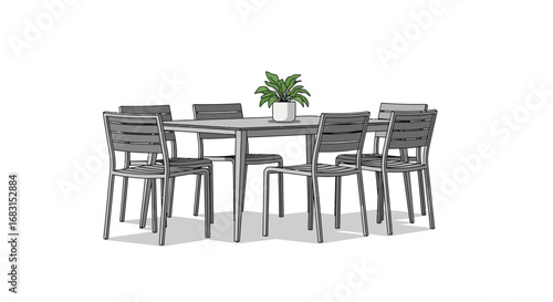 Contemporary dining set with sleek chairs and minimalist potted plant