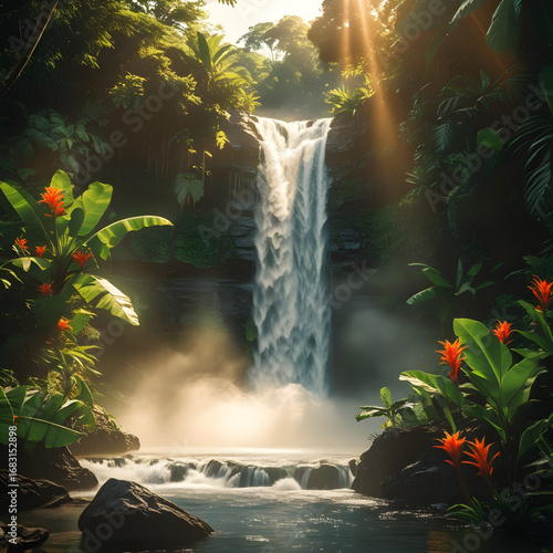 Majestic Waterfall in a Lush Tropical Jungle.