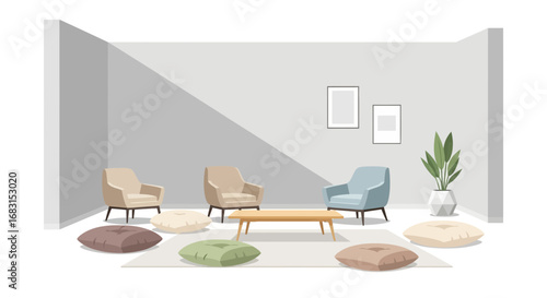 Cozy and minimalist living room interior with natural light illustration