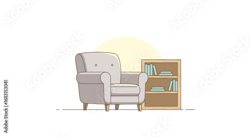 Cozy armchair and bookshelf illustration, minimalist furniture scene