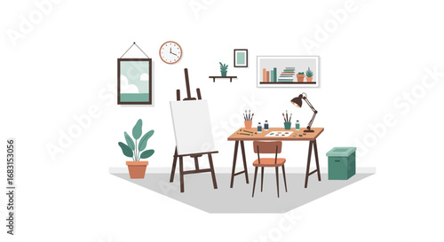Cozy art studio scene with easel, paint supplies and artwork display