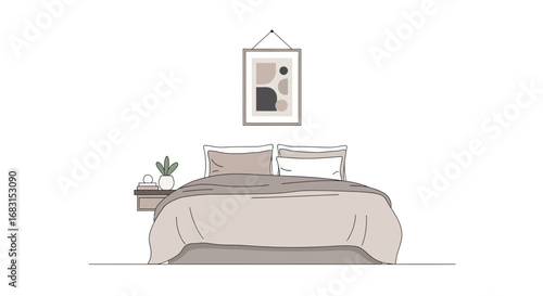 Cozy bedroom interior illustration in pastel colors and minimalist style